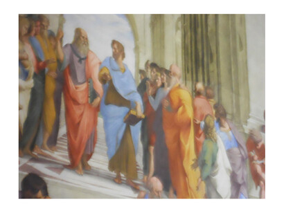 La Scuola di Atene, affresco di Raffaello Sanzio, (1509-1511), Musei Vaticani, Città del Vaticano, Italia. Particolare. L'Accademia neoplatonica riaffermò l'importanza dell'essere umano all'interno dell'universo, rompendo con la visione teocentrica medievale