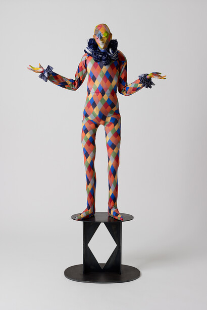 Francis Upritchard. Mandrake, 2013, Modelling material, foil, wire, paint, cloth, 125 x 88 x 35 cm.