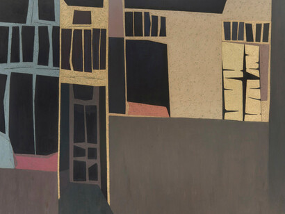 Karl Benjamin, Cube buildings (detail), 1954. Courtesy of Louis Stern Fine Arts