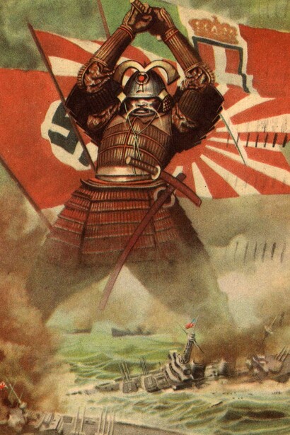 Cartolina realizzata per esaltare il "Patto Tripartito" tra Italia, Germania e Giappone