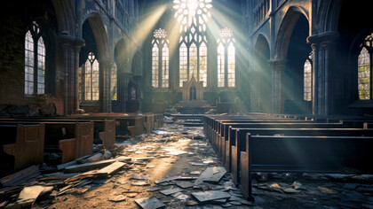 An abandoned church in ruins, representing the collapse of community life amid rising religious tensions