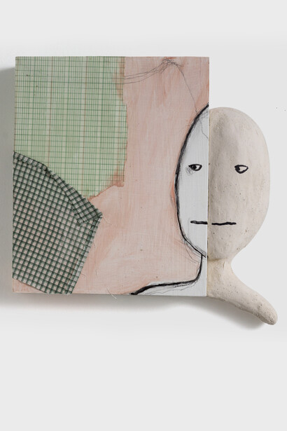 Mix and Match, 2018_clay, oil paint, paper, fabric_13.5 x 12.5 x 2 in