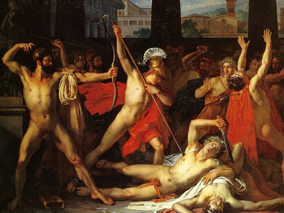 In The Odyssey (Book XXII), Odysseus, disguised as a beggar, reveals his true identity and, alongside his son Telemachus and two loyal servants, systematically kills the 108 suitors who had been occupying his estate and pursuing his wife, Penelope