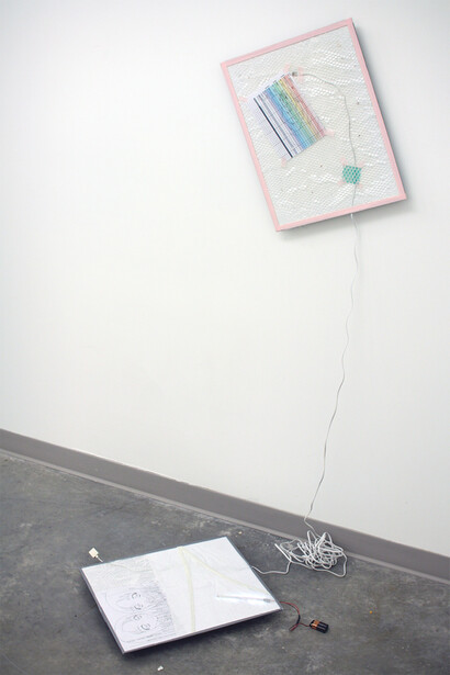 Andrea Crespo, Sis: Prologue, 2014, Mood chart, diagnostic checklist, cable, assorted paper, poly bag, LED, 50.8 x 40.64 x 0.76 cm (each piece, two pieces)
