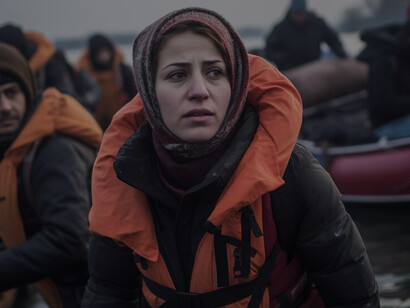 People wearing life jackets in a Mediterranean Sea migration crisis aboard a refugee boat