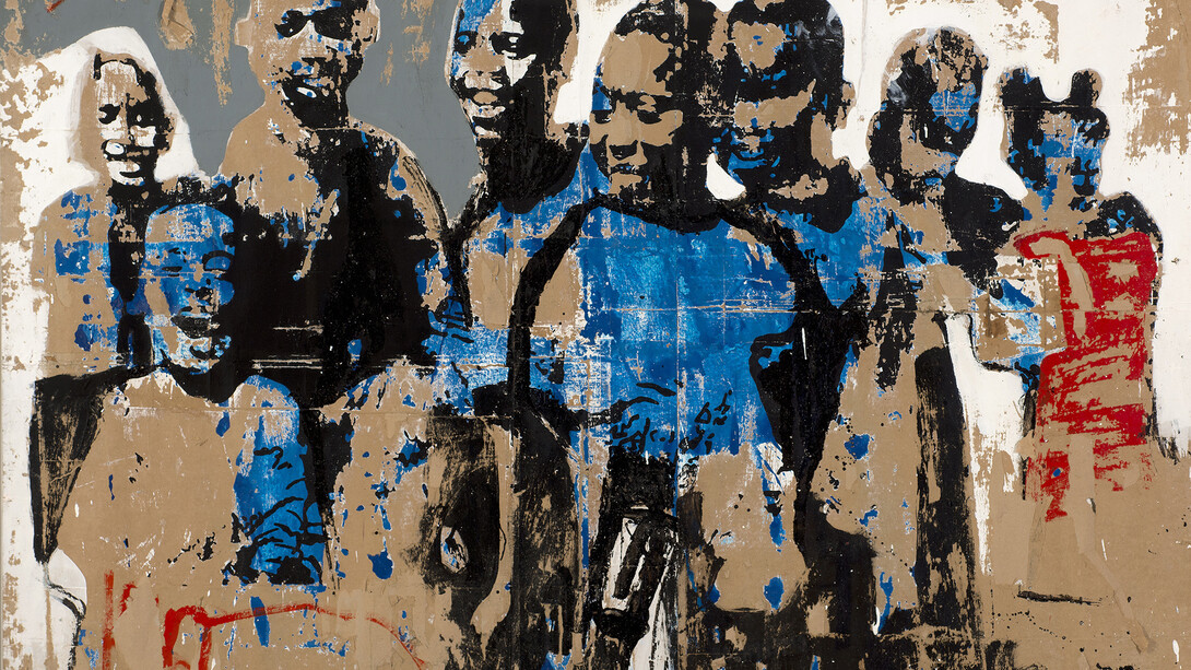 Armand Boua, Foule D’Enfants, 2014, Tar and acrylic on board, 190 x 247 cm, Image courtesy of the Saatchi Gallery, London