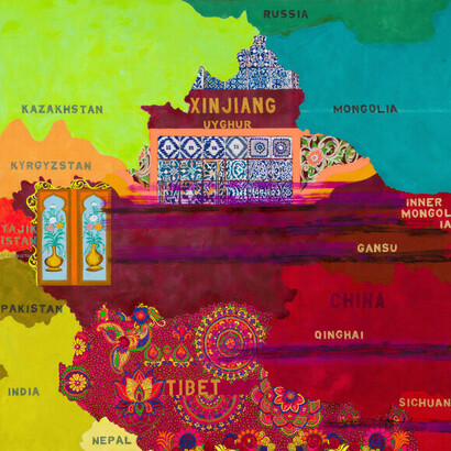Joyce Kozloff, Xinjiang Tibet, 2022-23. Acrylic on canvas, 60 x 60 inches. Courtesy of DC Moore Gallery