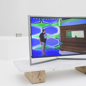 Paul Pfeiffer, Desiderata 2017, 2018, Digital video loop, fabricated steel monitor with embedded media player, marble, wood / Boucle vidéo numérique, écran en acier fabriqué avec lecteur multimédia intégré, marbre, bois, 89 × 57 × 133 cm / 351/16 × 227/16 × 523/8 in, duration: 00:04:18 / durée : 00:04:18  ©Photo: Claire Dorn / Courtesy Perrotin