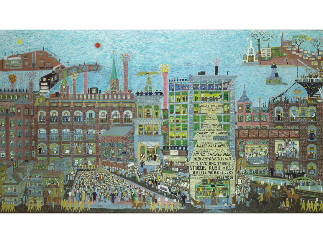 Ralph Fasanella, The Great Strike: Lawrence 1912, 1978, oil on canvas, Building and Construction Trades Department, AFL-CIO, Image courtesy Estate of Ralph Fasanella. © 1978, Estate of Ralph Fasanella