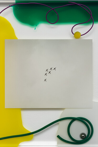Elad Lassry, Untitled (Airshow), 2015, Acrylic glass, silver gelatin print, ceramic bead, pigment, wire, steel ball, 23 1/4 x 17 1/8 x 1 1/2 inches