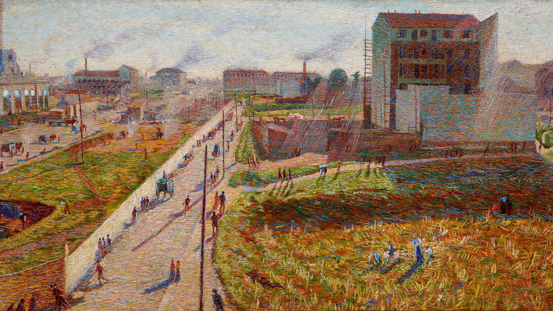 Umberto Boccioni, Meriggio. Officine a Porta Romana, 1910, olio su tela, 75 x 145 cm, Collezione Intesa Sanpaolo, Gallerie d'Italia - Piazza Scala, Milano
