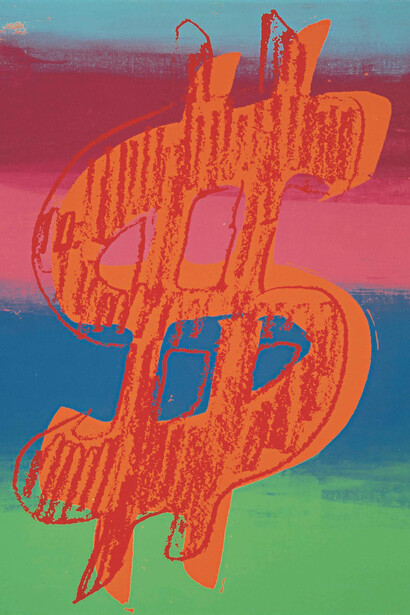 Andy Warhol, Dollar Sign, Acrylic and silkscreen on canvas, 1981, 20” x 15” © Courtesy of Omer Tiroche Gallery