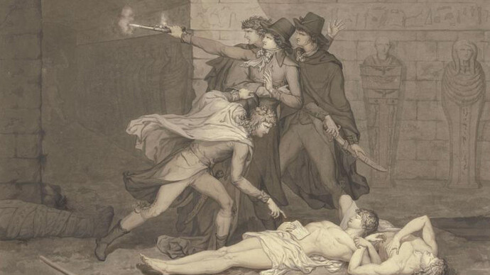 Augustin Félix Fortin (1763–1832)
Der Dichter Aaron Hill und drei weitere Ägypten-Reisende finden in einer Grabkammer zwei Leichname, 1790
Feder und Pinsel auf Büttenpapier, 297 × 388 mm
Städel Museum, Frankfurt am Main
© Städel Museum