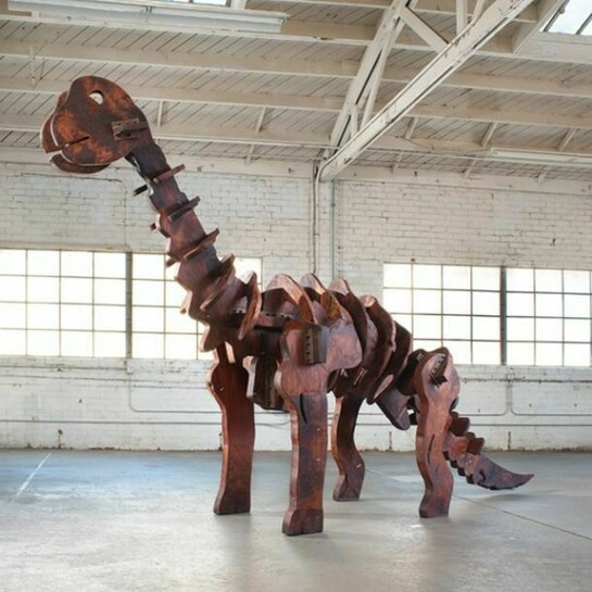 Matt Johnson, Baby Dinosaur (Apatosaurus), 2013, Salvaged old growth redwood, and stainless steel, 294.6 x 513.1 x 121.9 cm / 116 x 202 x 48 ins, Copyright The Artist, Courtesy Alison Jacques Gallery, London