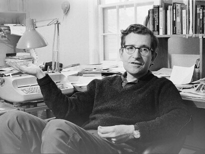 Avram Noam Chomsky in his office conducting a philosophical lecture in 1975