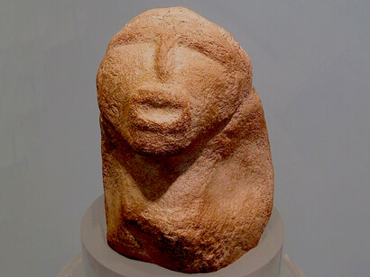 Lepenski Vir sculptures, circa 7000 BCE, carved from river cobblestones, Serbia