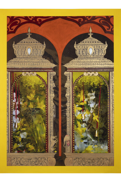 Renluka Maharaj, Ganga’s Blessing, 2023, acrylic paint, acrylic markers on pigmented ink print, 34x46 inches. Courtesy the artist and Welancora Gallery