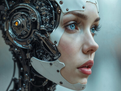 A sci-fi portrait of a humanoid robot—a synthetic human with feminine features