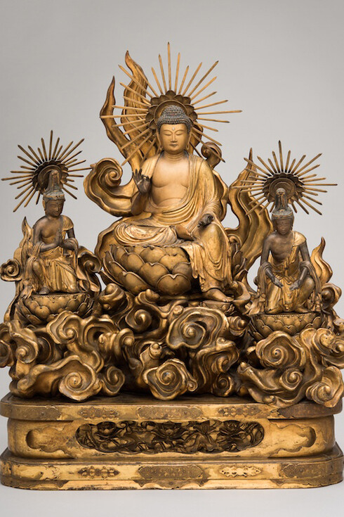 Amida Buddha with Attending Bodhisattvas
Japan, Edo period, late 18th century
Wood with gold, pigment, metal, and headstones, 22 x 18 x 9 in. San Antonio Museum of Art, gift of Lenora and Walter F. Brown,Photography by Peggy Tenison