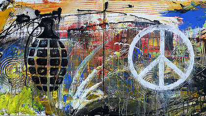 This stunning acrylic painting, spanning two 24x24 inch canvases, vividly portrays the themes of war and peace. Crafted by the artist to enhance proficiency with acrylic paint, this artwork offers a compelling visual exploration. (U.S. Air Force art by Staff Sgt. Jamal D. Sutter/Released)