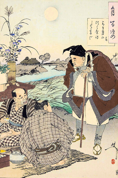 Matsuo Bashō se encuentra con dos agricultores que celebran el festival de la luna de mediados de otoño, grabado de Los Cien Aspectos de la Luna de Yoshitoshi (1891). El haiku dice: «Desde la luna creciente, he estado esperando esta noche»