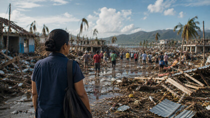 A social worker walking through debris and broken homes, reflecting the responsibility to listen, support, and rebuild