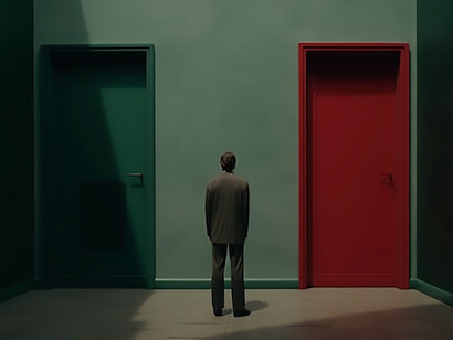 A person stands confidently in front of an intriguing green and red door, creating a visually striking contrast that captures attention and curiosity