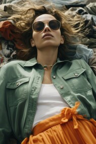 A woman surrounded by clothing piles underscores the urgent necessity for ecological alternatives in light of the environmental challenges posed by the textile industry