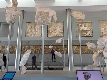 View of the third-floor exhibition space, Acropolis Museum, Athens, Greece, Parthenon pediment sculpture detail