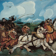 Antonio Ligabue, Diligenza con paesaggio e villa di Casanova Rambelli, olio su tavola di faesite, 1953-1954, 68 x 95 cm