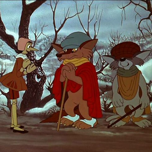 Pinocchio con il gatto e la volpe, screenshot da "Un burattino di nome Pinocchio", 1971