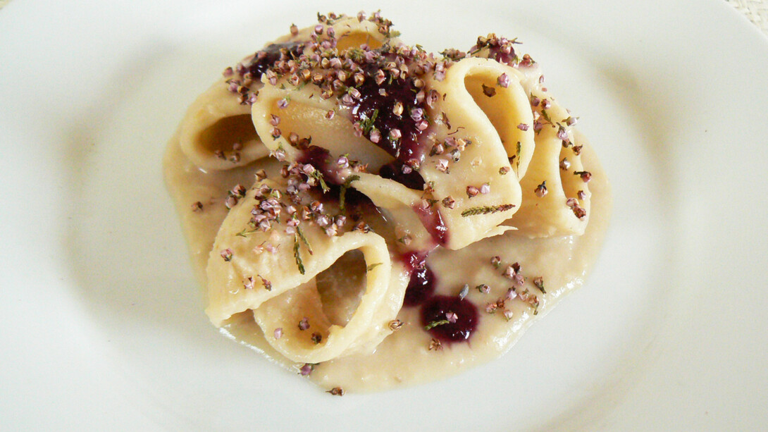 Conchiglioni di pasta con crema di cannellini guarniti con salsa agrodolce di uva nera e fiori essiccati di erica