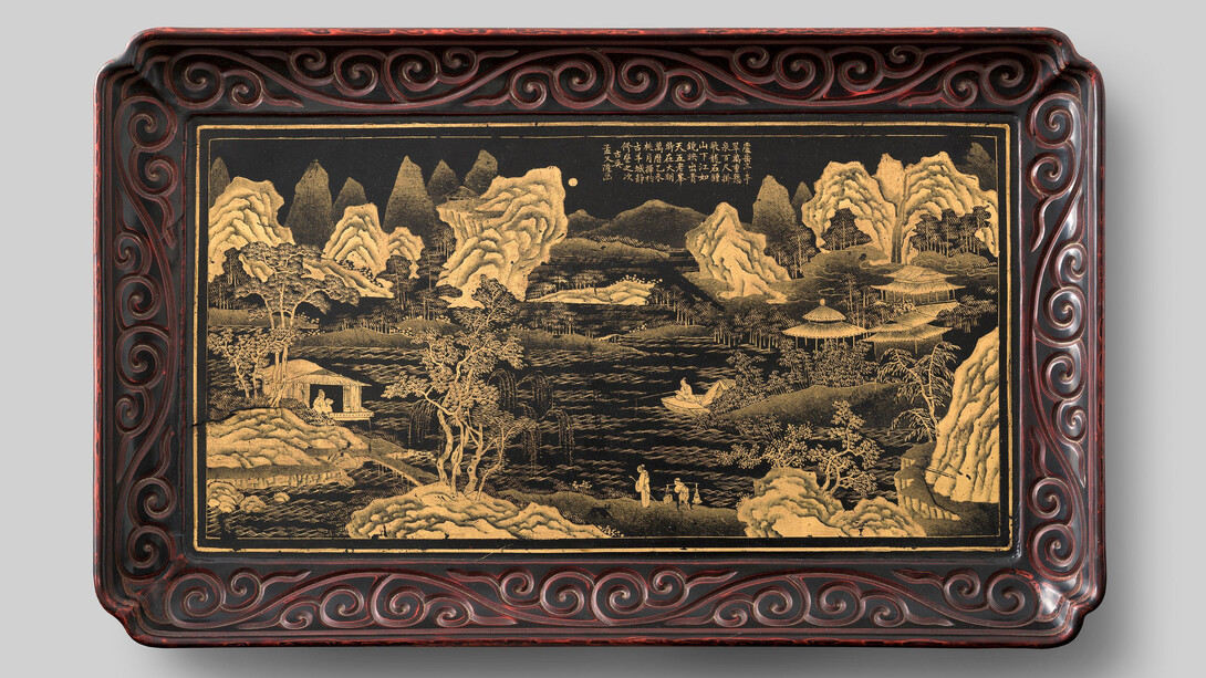 Tablett mit Landschaftsdarstellung, Ming-Dynastie, Wanli-Ära, datiert 1595. Mit freundlicher genehmigung des Museums Rietberg