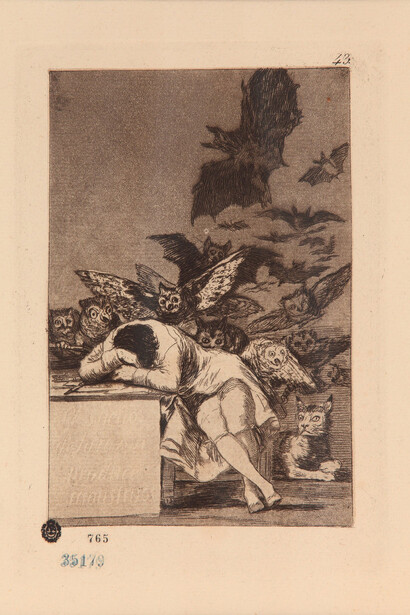 Francisco de Goya and Lucientes, The sleep of reason produces monsters (detail), from the Caprichos series, 1797–1799. Courtesy of the Museo Nacional de Bellas Artes