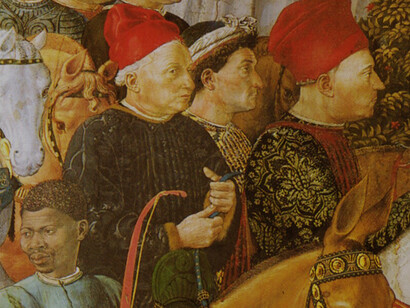 Cosimo il Vecchio sulla mula bruna, dettaglio degli affreschi di Benozzo Gozzoli nella Cappella dei Magi, Palazzo Medici Riccardi, Firenze, Italia