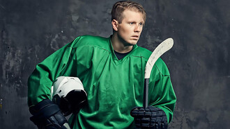 An ice hockey player with full equipment