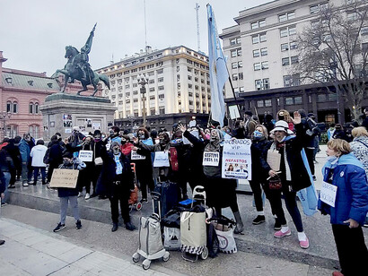 The “March of the Stones” at Plaza de Mayo in Buenos Aires, Argentina, on September 4, 2021. Protesters gathered in front of the Casa Rosada to honor those who died from COVID-19 and to denounce President Alberto Fernández’s health policies, as well as his violation of his own emergency decree prohibiting social gatherings in enclosed spaces