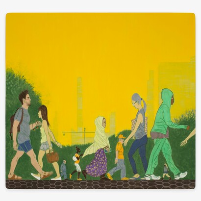 Yves Tessier, Taxi Cab Yellow Sky, 2023, casein on wood panel, 28 x 30 in. Courtesy of the artist and Shrine Gallery