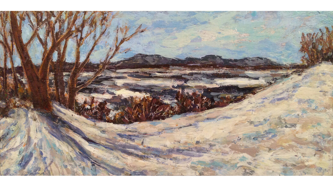 Clermont Snowfall, 2013, 12 x 24 inches encaustic on panel by Joshua Brehse
