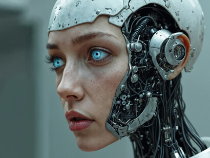 A futuristic portrait of a female humanoid robot, blending human and synthetic features