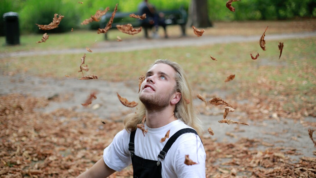 Jovem rapaz contempla o cair das folhas do final da estação outono