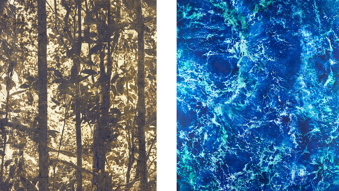 Ulf Saupe, Neo botanica #1 V2, 2021, Golden forest #8 V2, 2020 and Waterscape #67 V1 (detail), 2023. Courtesy of Space Gallery