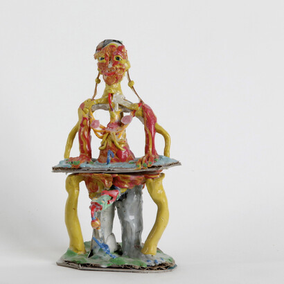 Marlene Steyn, Becoming a braid (voodoo version), 2013, Clay, paper, human hair, glue and mixed media