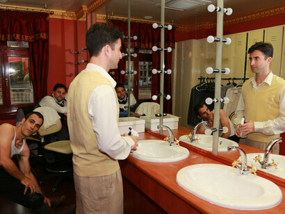 Israeli actors getting ready for Our Class performance in Skopje, Macedonia, Photo: Carrie Hart