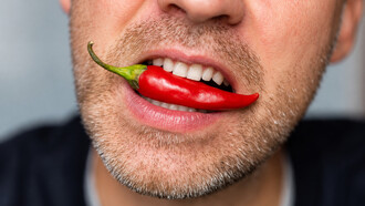 A man holds a whole red chili pepper in his mouth while reacting to the intense heat against a bold blue background, capturing the fiery sensation of an extra-hot cayenne pepper