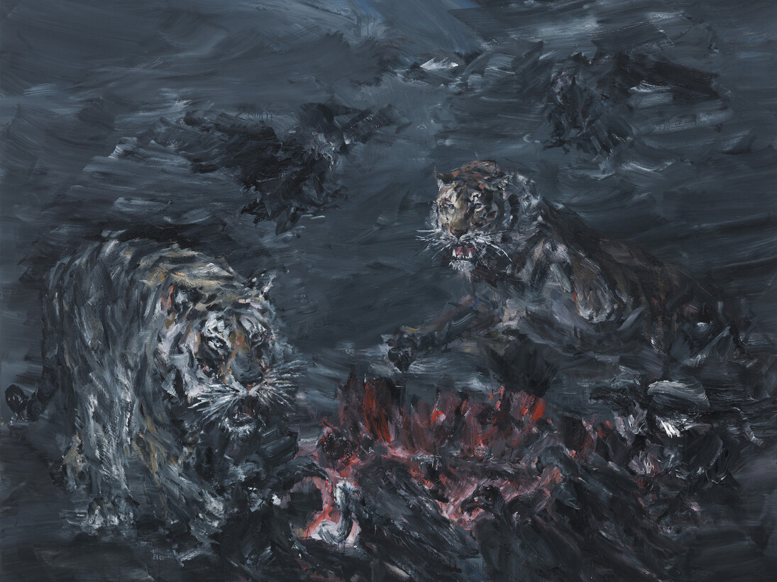 Yan Pei-Ming, Tigres et vautours, 2015, Oil on canvas, 250 x 300 cm (98,43 x 118,11 in), Courtesy Yan Pei-Ming / Galerie Thaddaeus Ropac, Paris/Salzburg, Photo: André Morin © Bildrecht, Wien, 2015