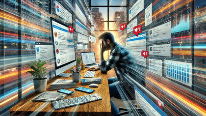 A visual representation of the constant pressures of technology, information overload, and the fast-paced demands of modern life