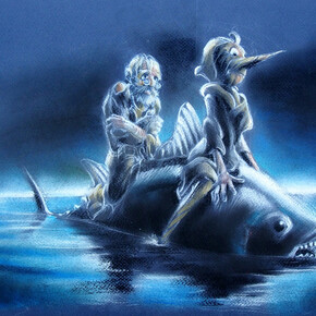 Paolo Mottura, Pinocchio e Geppetto a cavalcioni del tonno, pastello su cartoncino, per Pinocchio, Edizioni NPE, 2021. Courtesy Camillo Ferraro