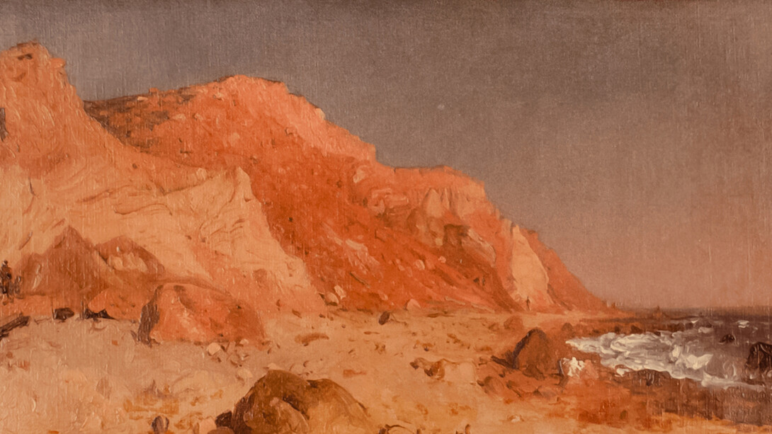 Sanford Robinson Gifford, A Sketch of Clay Bluffs on No Man’s Land, South of Martha's Vineyard, 1877, oil on canvas, 9 1/16x16 3/4 inches, stamp on verso of canvas: S. R. Gifford [estate] Sale typed label on upper stretcher bar of verso: Clay [effaced] Man’s Land. Courtesy of Lincoln Glenn Gallery