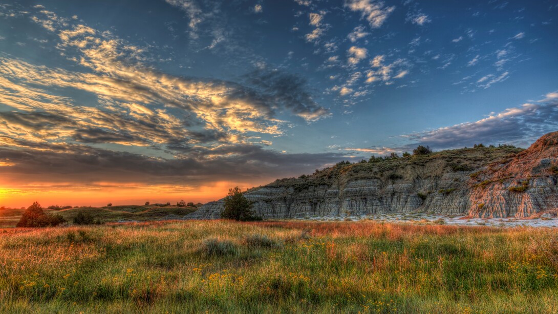 El mejor ejecutivo es aquel que tiene suficiente sentido común para elegir buenos hombres para que hagan lo que él quiere que se haga, y el suficiente autocontrol como para no inmiscuirse mientras lo hacen, T. Roosevelt. "Colores en Theodore Roosevelt National Park". Transforman las tierras baldías. Los rayos del sol realzan los colores de las hierbas y las flores silvestres de la pradera, así como las capas de sedimento en los cerros
